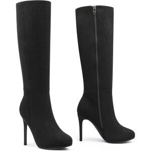 Women's Black Suede Stiletto Knee High Boots Platform Side Zipper Long Boots